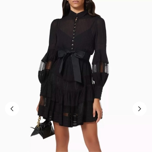 ZIMMERMANN spliced mesh long sleeve mini dress black with slip and belt - Picture 1 of 14